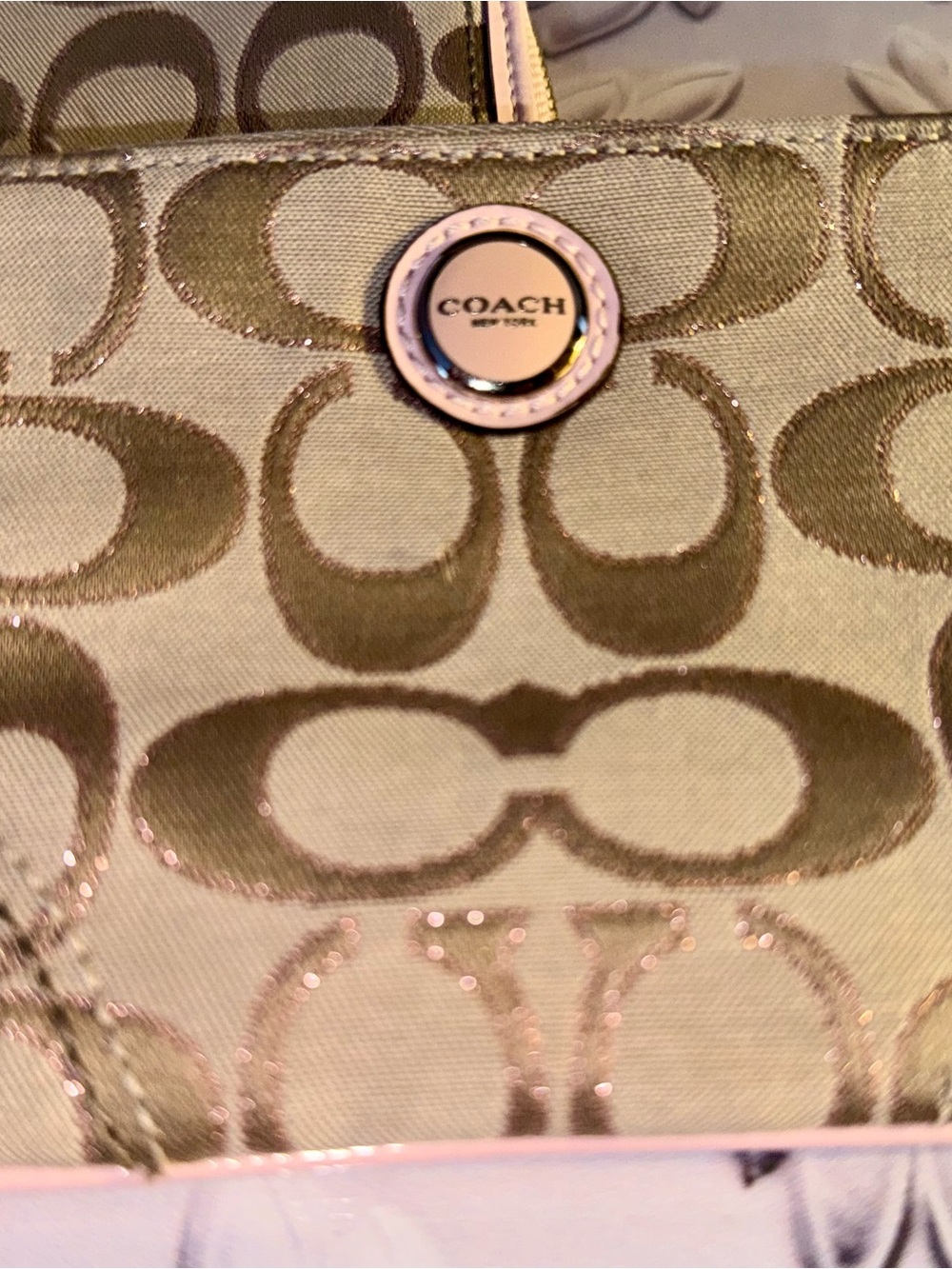 Coach signature khaki and pink metallic stitching trimmed in pink